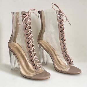 Nude Clear Lucite Chunky Block Heel Peep Toe Gladiator Chic Edgy Ankle Boots 8